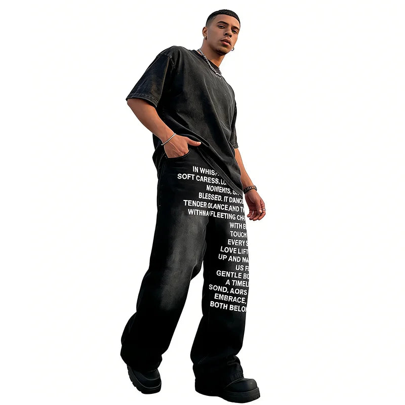 Fashion Retro Streetwear Hip-Hop Pants Casual Pants Men'S Wide Leg Pants Letter Printed Jeans Baggy Pants