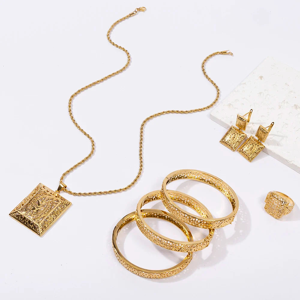 Morocco Dark Gold Color Jewelry Set for Party Design Earrings and Pendant Necklace Bracelet Ring Set for Engagement