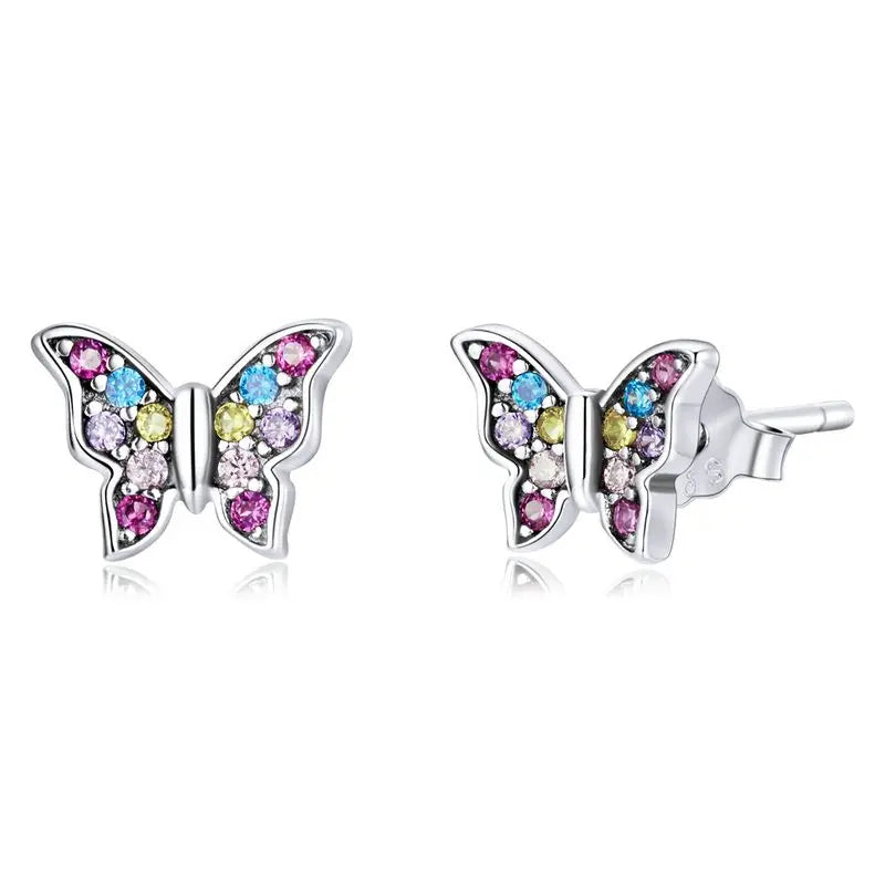 925 Sterling Silver Animals Cute Paws Rainbow Stud Earrings For Women Heart Oval Flower Zircon Crab Ear Studs Jewelry Gift