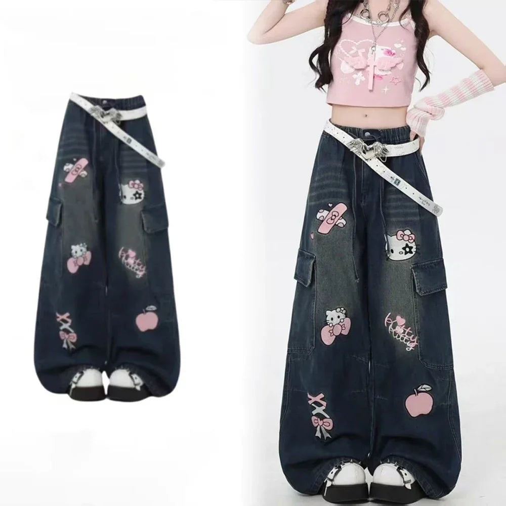 بنطلون أنمي واسع الساقين فضفاض Hello Kitty Sanrios Y2K