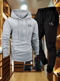 The 2025 men's printed hooded sweater and sports pants set with a casual grey pocket home wear is suitable for spring and autumn