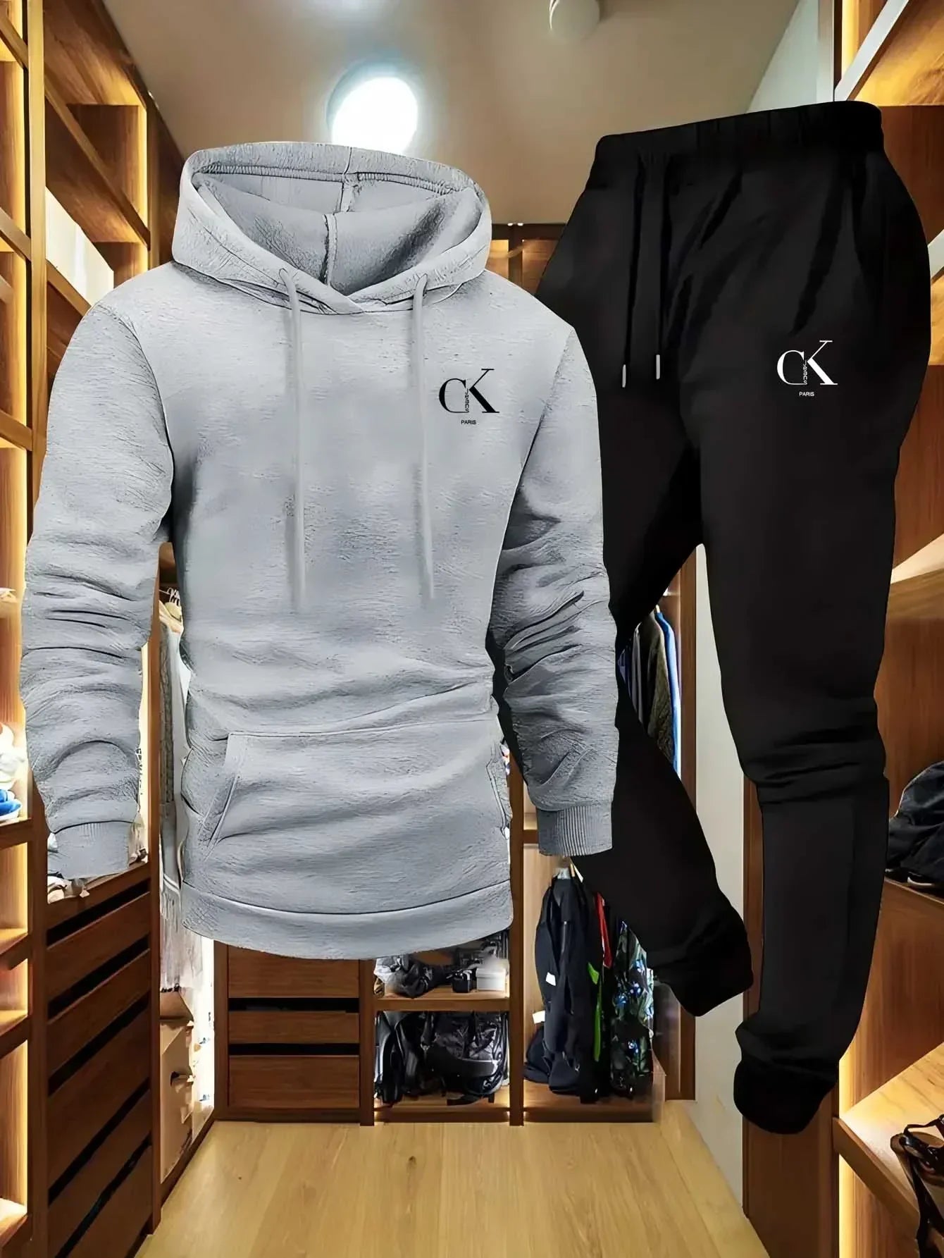 The 2025 men's printed hooded sweater and sports pants set with a casual grey pocket home wear is suitable for spring and autumn