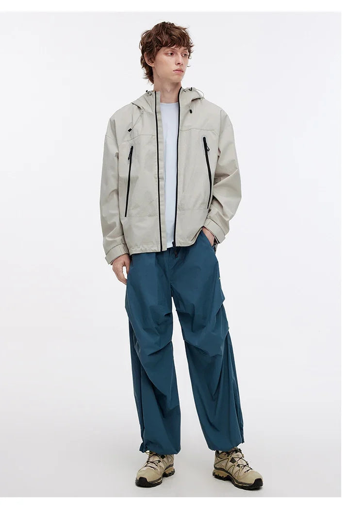 Jacket Men Outdoor Sport Loose Hooded Patchwork Mesh 2025 Autumn Textured Top Menswear Clothing Jackets