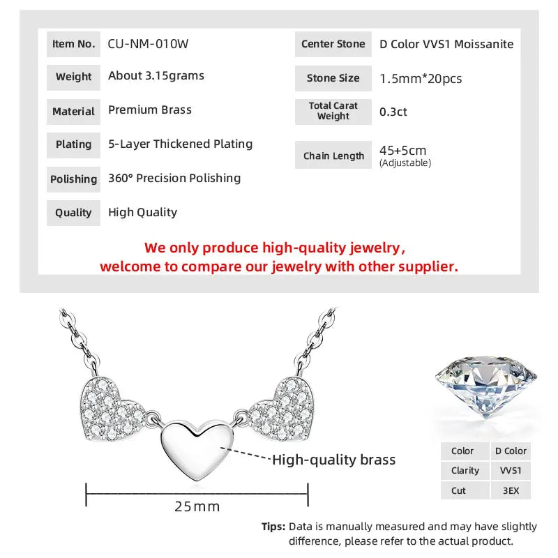 GRA Certified Full Round Moissanite Delicate Love Heart Pendant Necklace for Women 14K Gold Filled Fine Jewelry Gifts