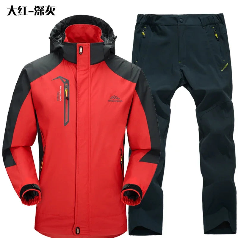 Outdoor Jacket Pants Sets Men Fleece Thermal Waterproof Windproof Hooded Jackets Hiking Military Trip Mountain Camping Clothes