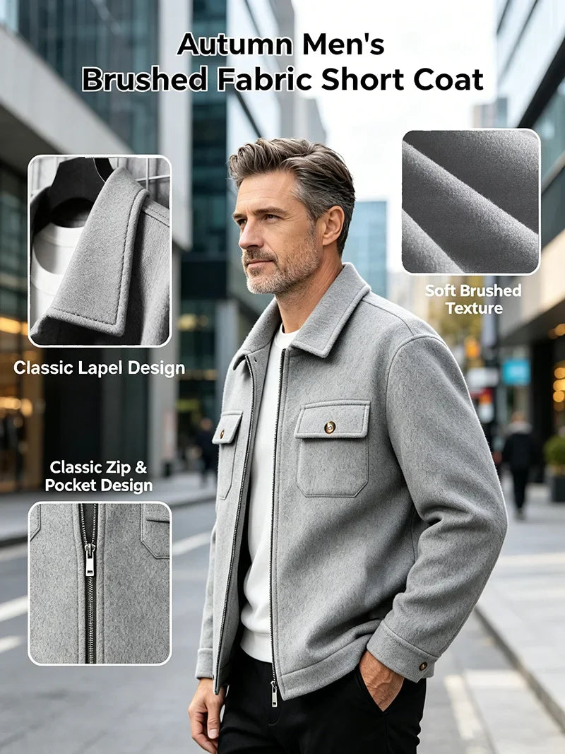Men's Polyester Brushed Jacket, Lapel Button/Zipper Coat with Pocket, Comfortable Casual Autumn Winter Office Business Wear