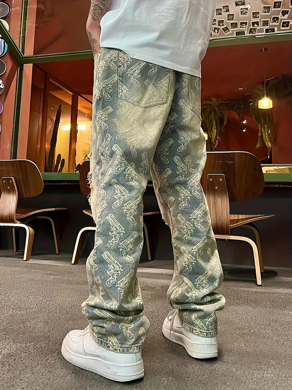 American-Style Street Washed Distressed Ripped Jeans for Men, Spring and Autumn Straight-Leg Loose European and American High Street Vibe Long Pants