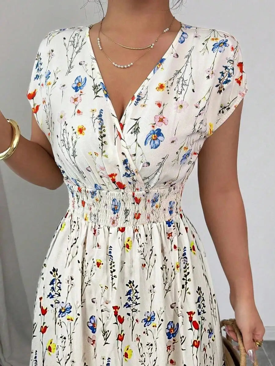 Women's Ditsy Floral V-Neck Sleeveless Waisted Maxi Dress