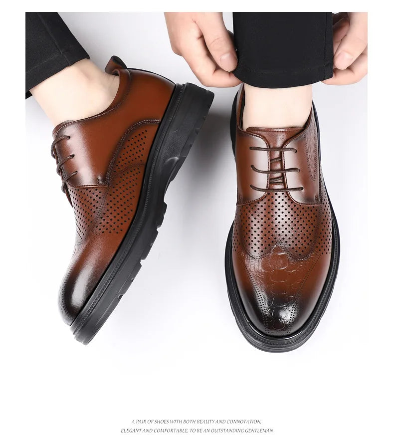 2026 Summer New Men's Cow Leather Oxford Shoes Hollow Out Formal Business Dress Shoes Male Non-slip Fashion Platform Shoe Man