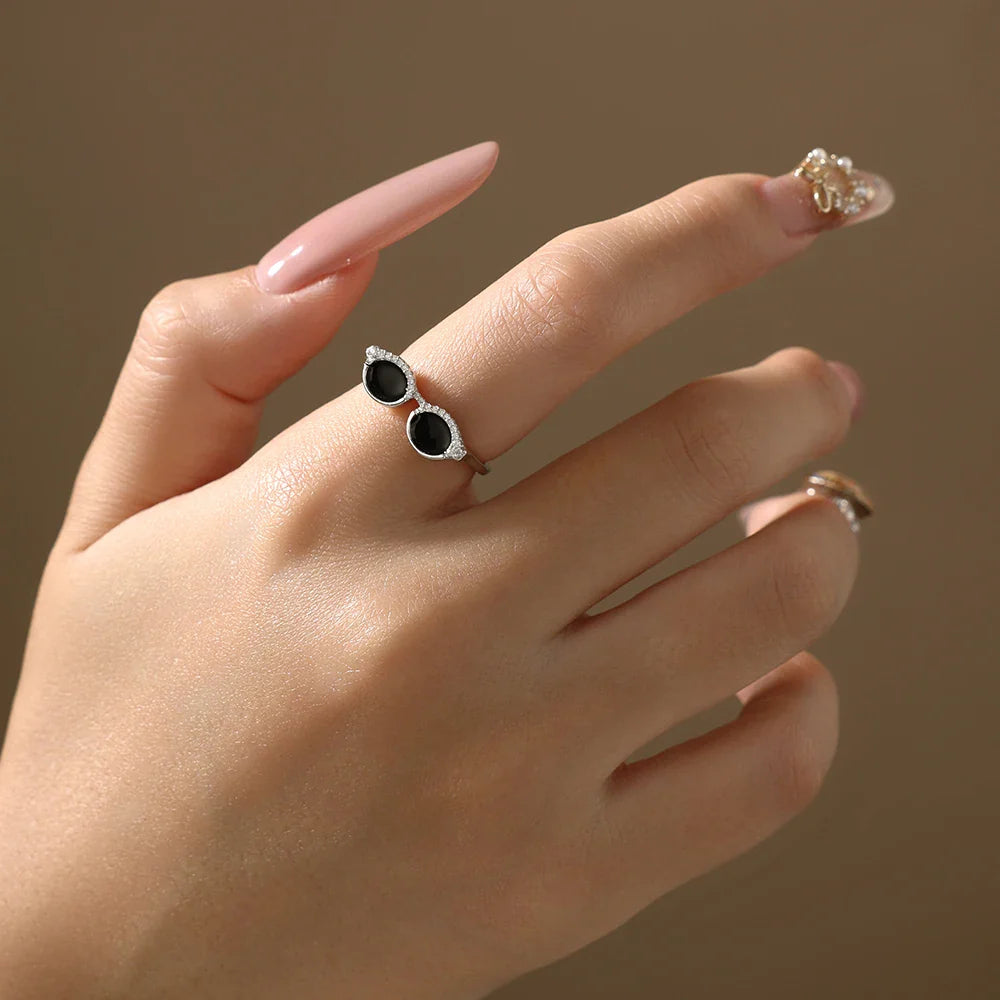Cool Mini Glasses Moissanite Ring for Woman S925 Sterling Silver Adjustable Band Couple Open Rings Party Jewelry Gifts