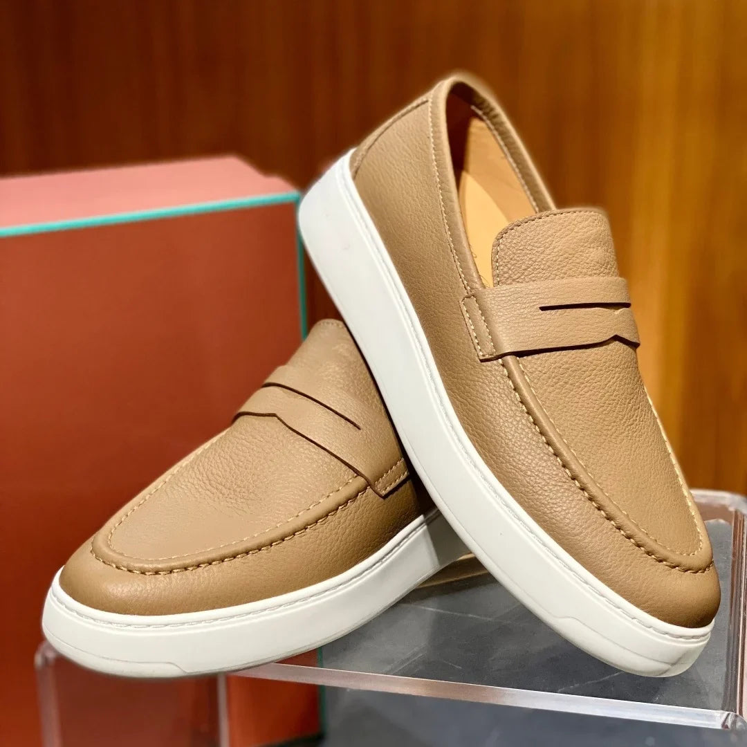 2026 New Men Genuine Grain Leather Penny Loafers Slip On Platform Non Slip Soft Sole Business Casual Driving Daily Walking Shoes