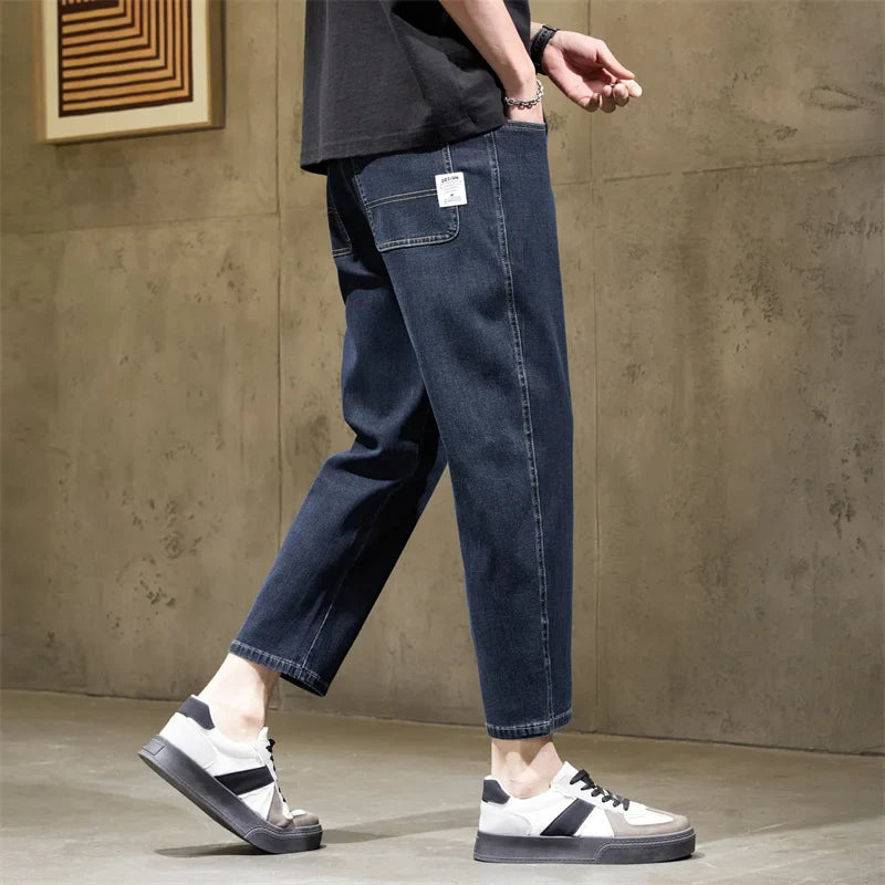 Men's Baggy Straight Leg Jeans Casual Stretch Denim 9-Length Comfortable Loose Trousers Spring Autumn Versatile Wide-Leg Pants