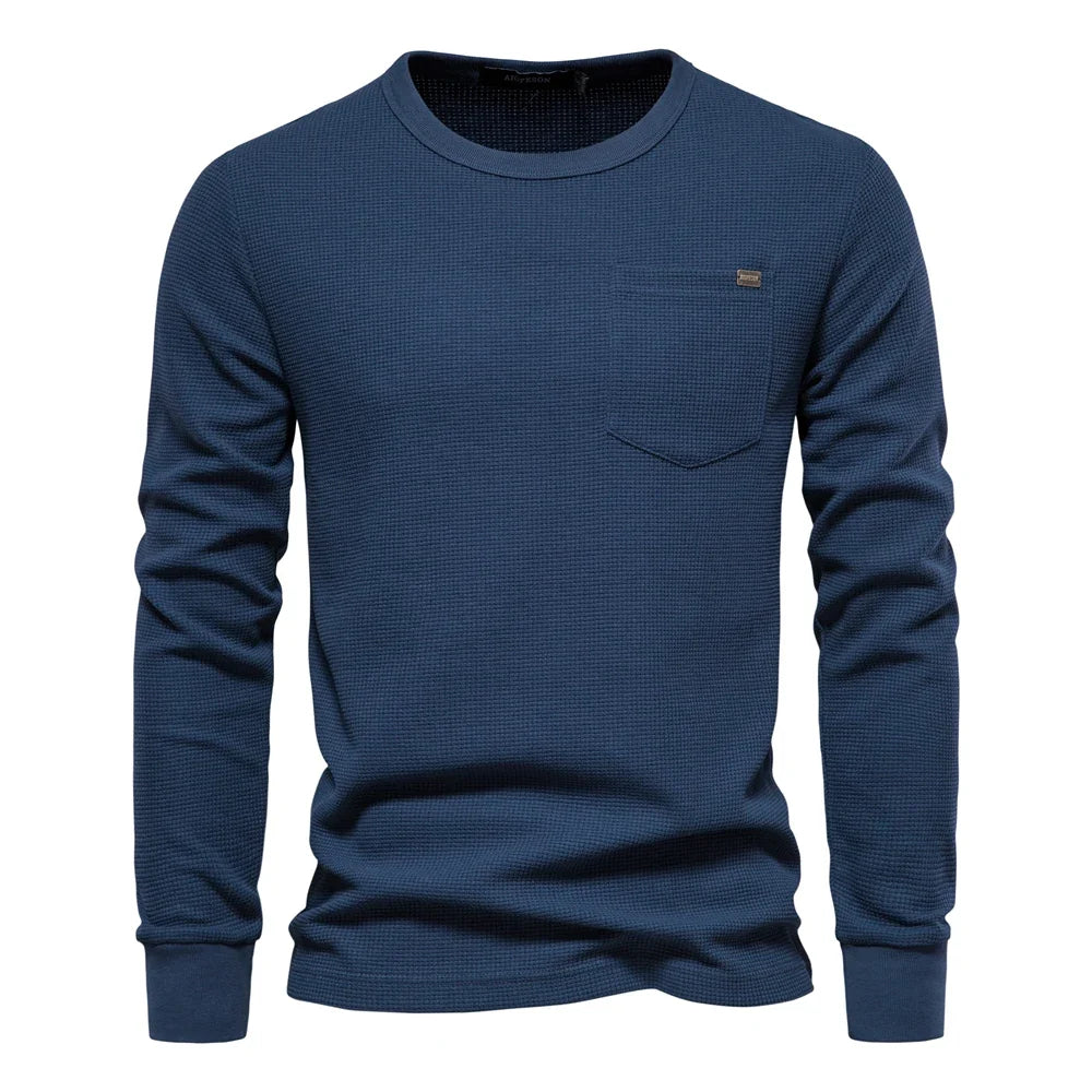 Waffle Cotton Solid Color Men Tshirts Single Pocket Long Sleeve Tee Shirts for Men New Spring Basic Breathable Tops Men