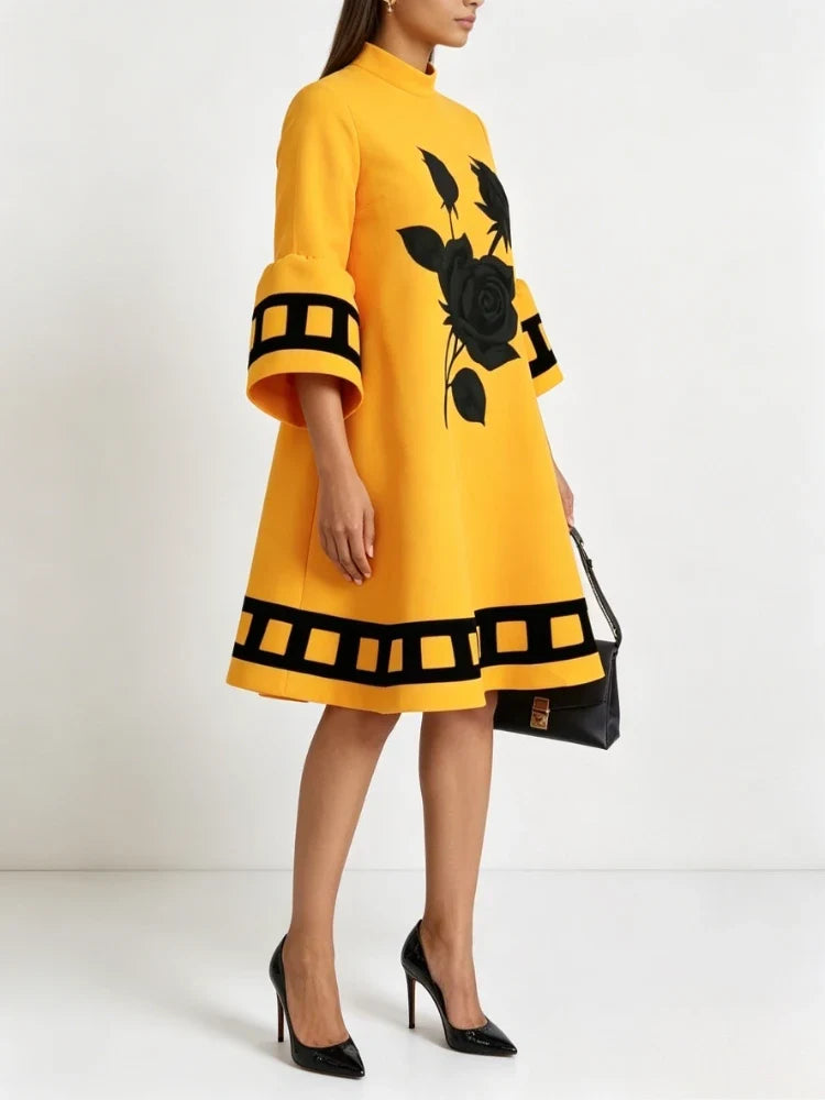 Flower Print  Loose Yellow Dresses for Women Autumn Winter Clothes Flared Sleeves Woman Midi Casual A-line Dress