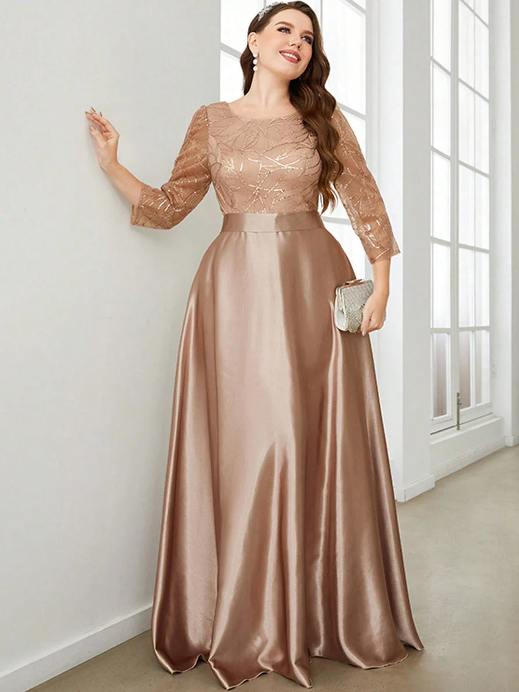 Crew neck long sleeve sequin patchwork satin long gown ball dress