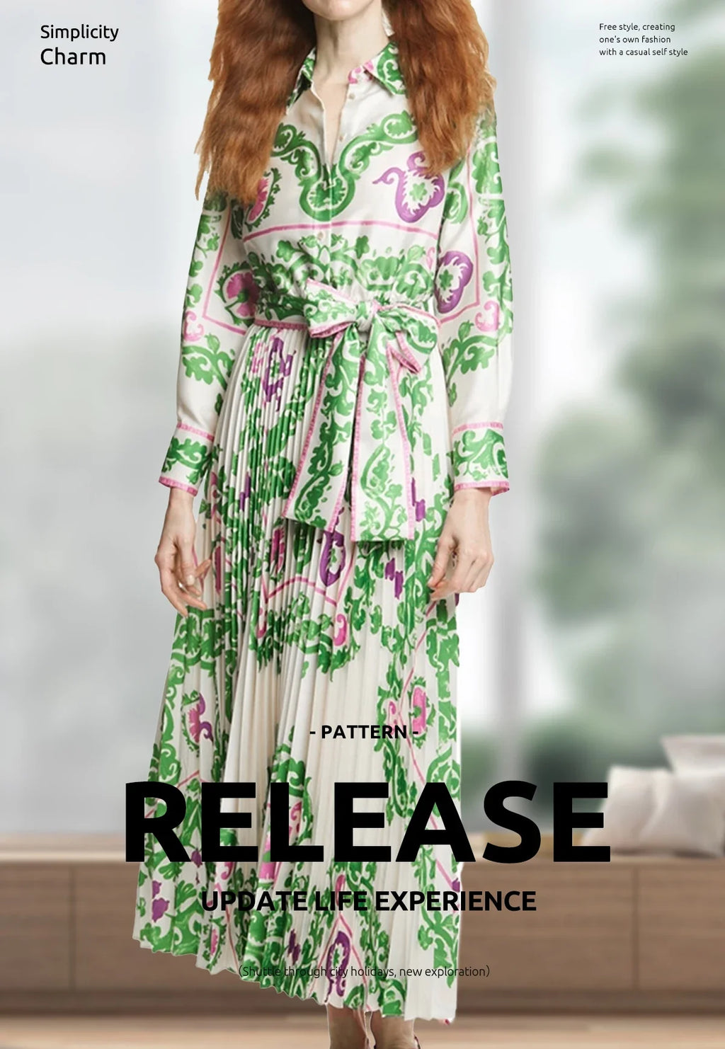 Elegant Women's Printing Dresses Lace Up Neck Long Sleeve Elegant Dress 2024 New Autumn Robe Midi Shirt Dress