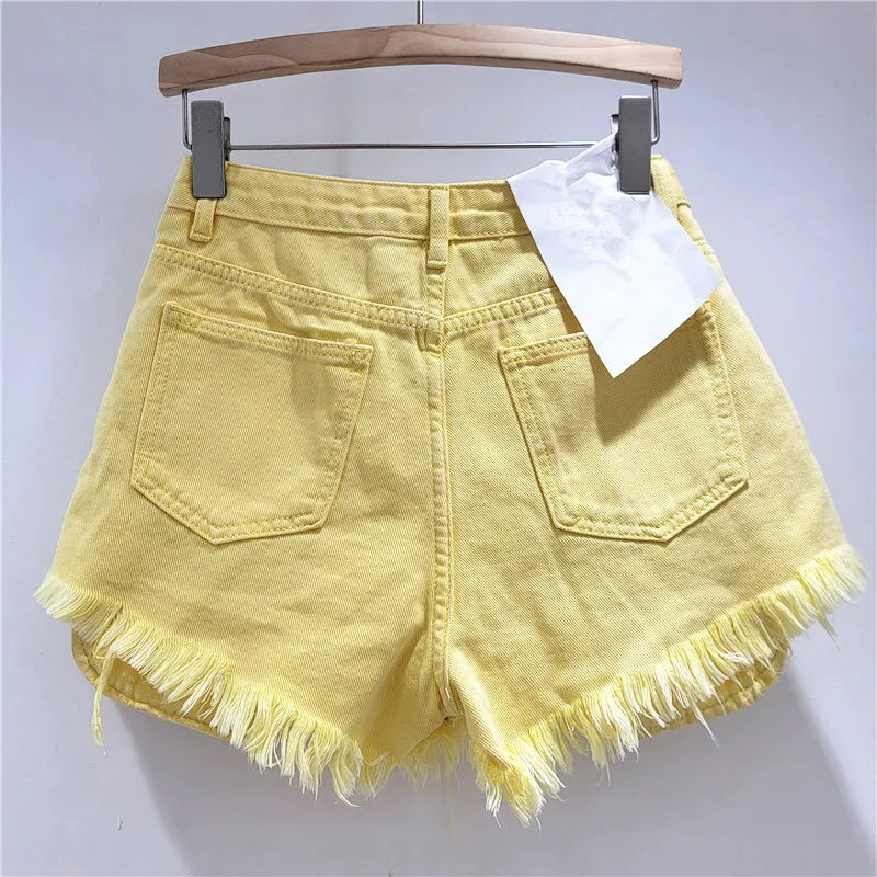 New Trendy Women's Spliced Hole Burr Edge Denim Shorts 2025 Summer Fashion High Waist A-line Short Pants Female 1LS2103