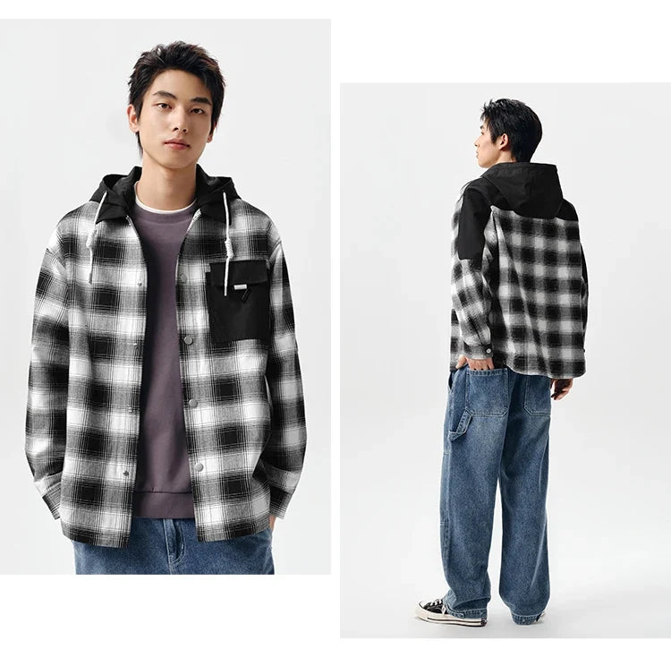 Outerwear Men 2024 Spring New Patchwork Contrast Color Checkered Top Detachable Hooded Fashionable