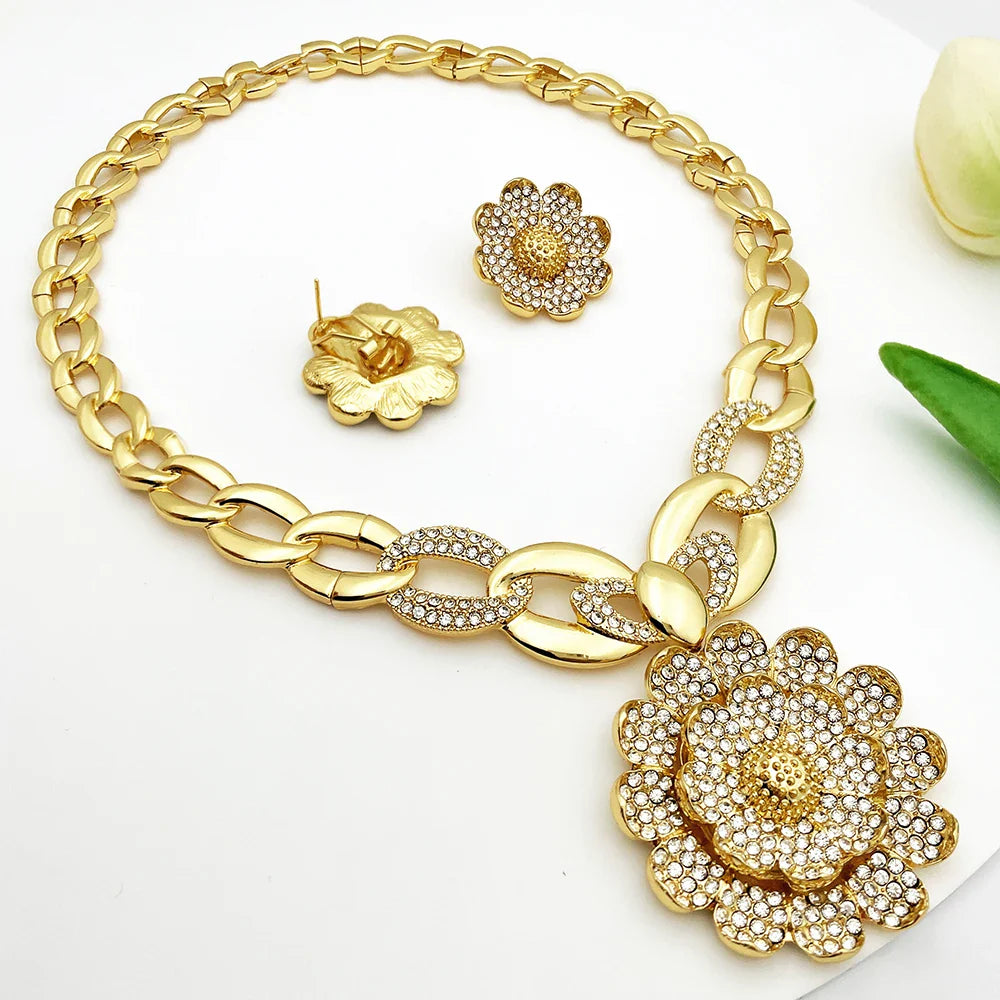 Vintage Jewelry Sets For Women Plant Flower Big Pendant Quality Necklace Earrings Ring Bracelet Set Jewelry Trending