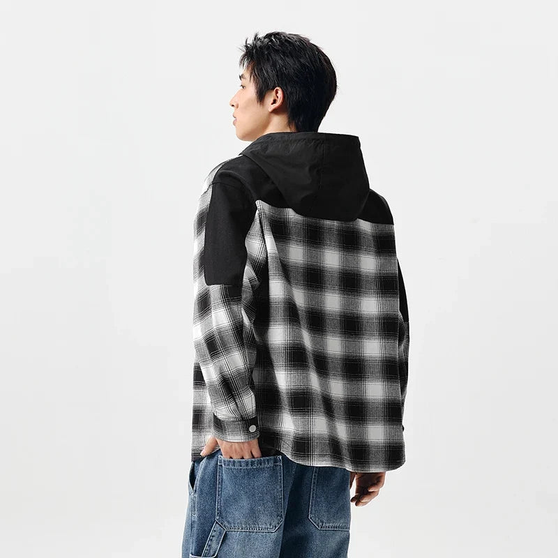 Outerwear Men 2024 Spring New Patchwork Contrast Color Checkered Top Detachable Hooded Fashionable