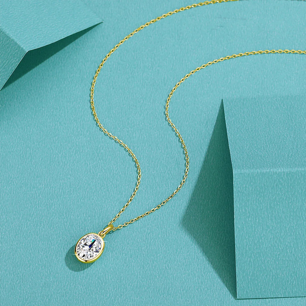 AU585 Gold 14K Oval Cut Moissanite Bezel Pendant Necklace for Women Wedding Party Fine Jewelry Valentine's Day Gift