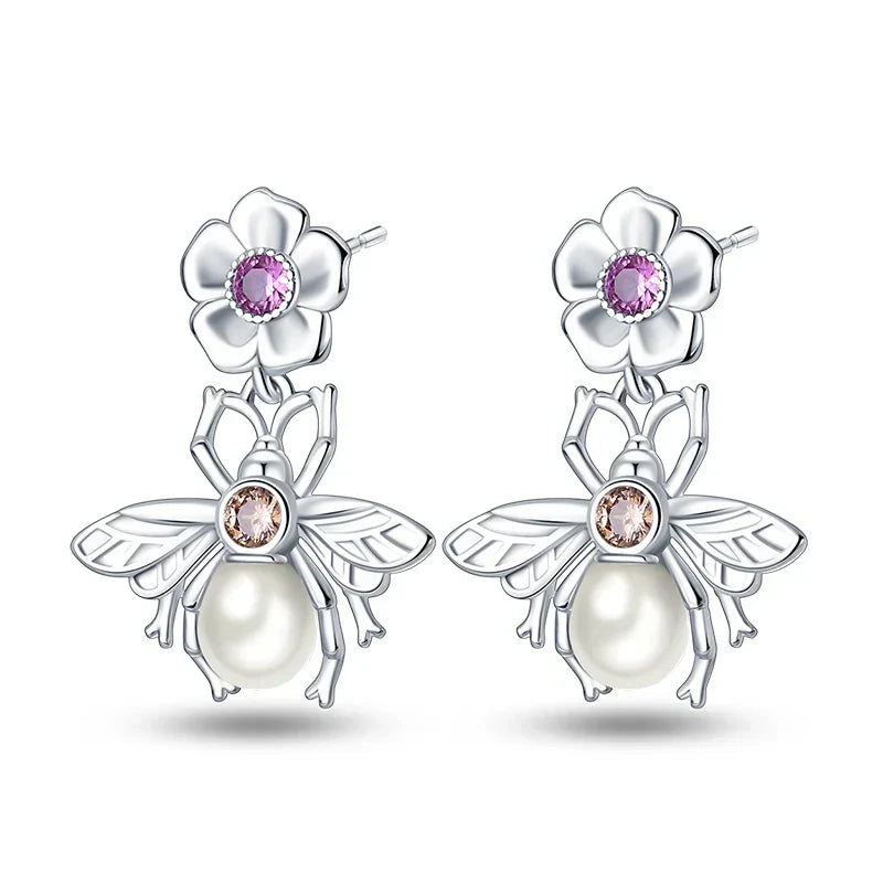 Earrings For Womens 925 Silver Color Pink Rainbow Horse Bear Bee Double Hoop Earrings Fine Engagement Anniversary Jewelry Gifts