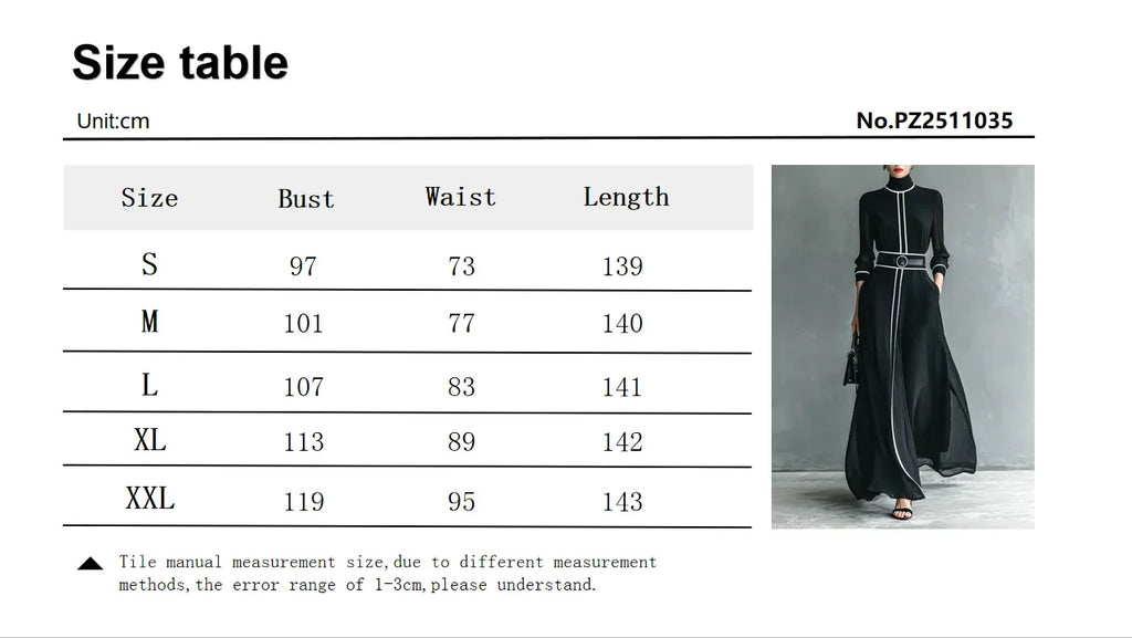 French Elegant Chiffon Maxi Dress, High Neck Long Sleeve with White Piping Trim, Ideal for Office, Business, Banquets & Parties