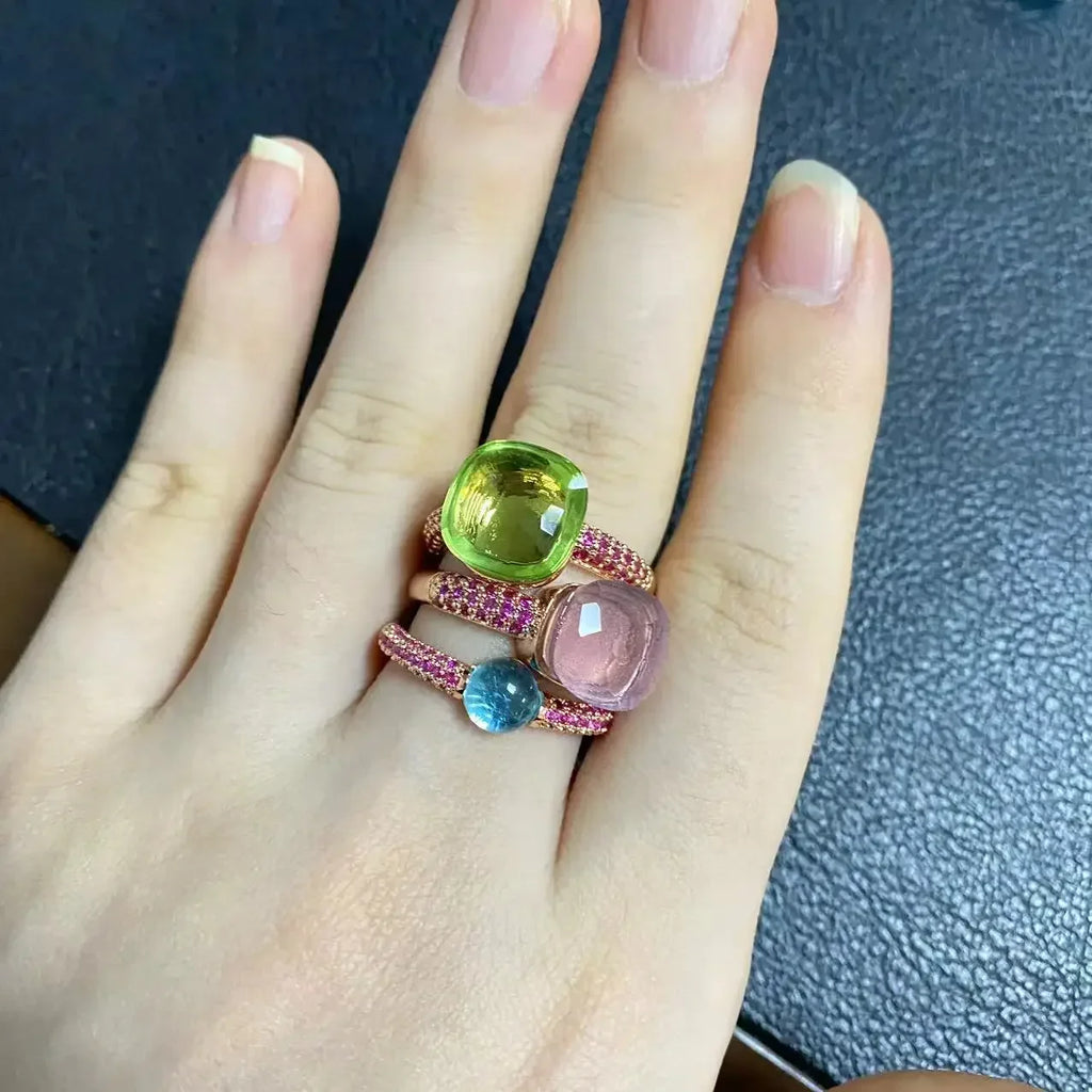 3Pcs/Set Nudo Ring Stacking Set for Women Mix Color Candy Crystal Inlay Zircon Amethyst Blue Topaz Round Jewelry Gift