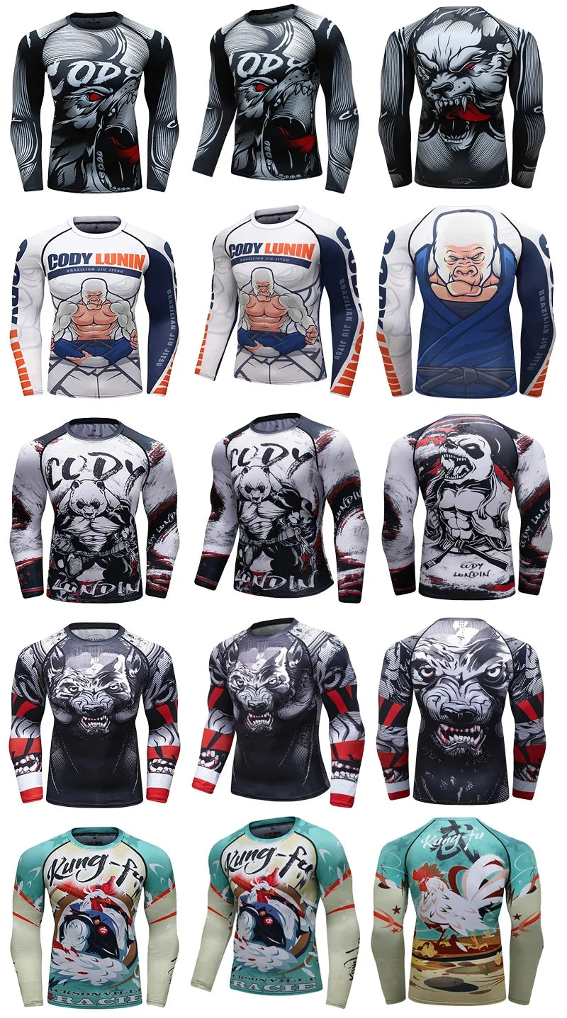 Men Grappling Wear Jiu Jitsu Gi Rashguard BJJ Boxing T-shirts UPF 50+ Male Athletic Running Blouses Compression Gym Tees