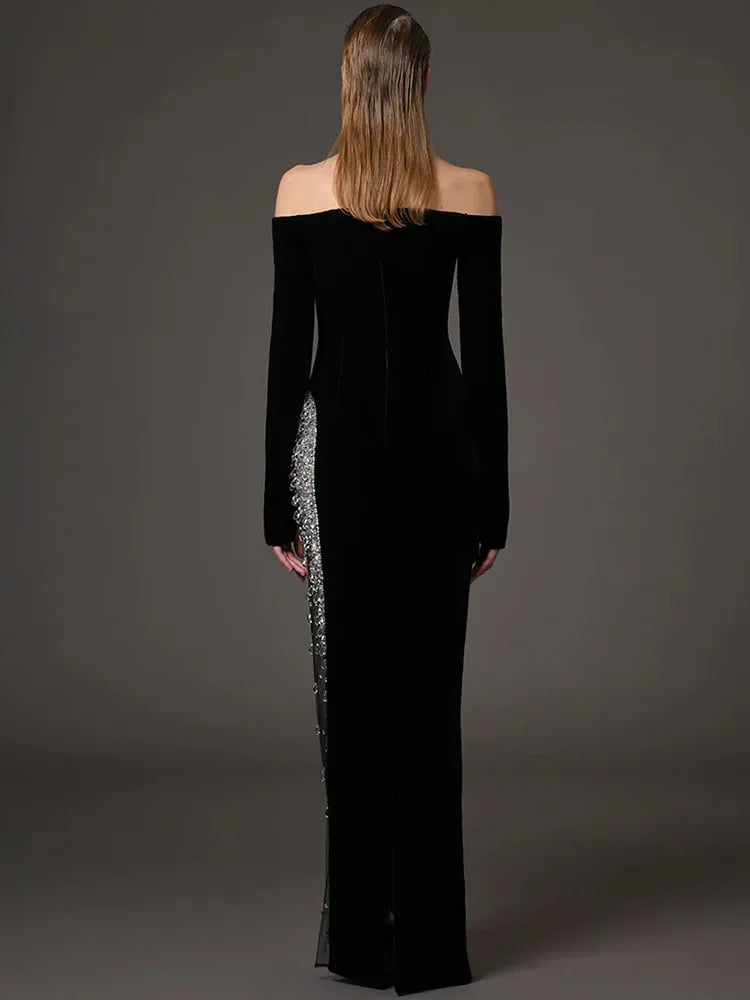Newest 2026 Designer Vestido Women's Diamonds Beaded Slash Neck Off The Shoulders Patchwork Gauze Long Maxi Dress