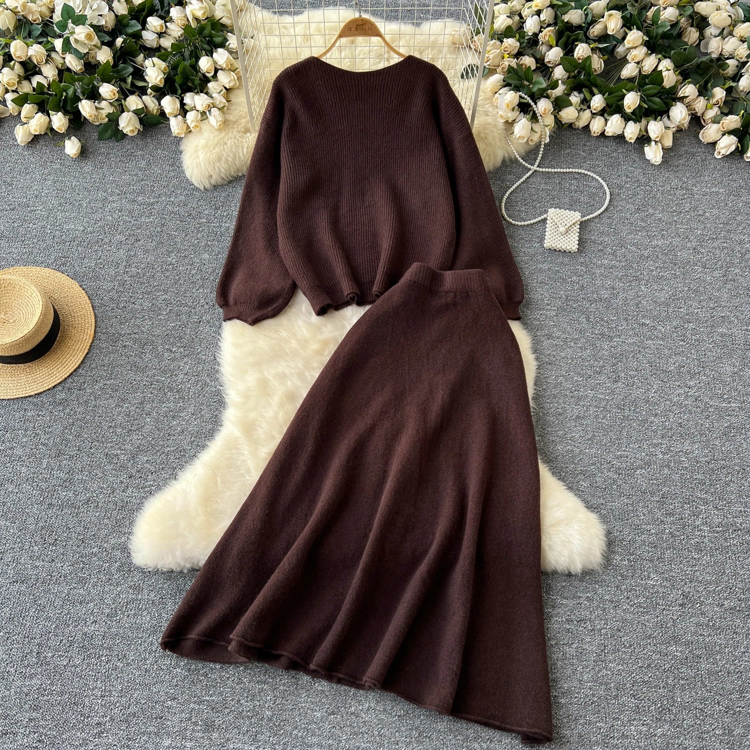 Autumn Casual Two Pieces Sets Women O-Neck Loose Knitting Top+Elastic Waist Large Swing Skirt Basic Korean Winter Sets
