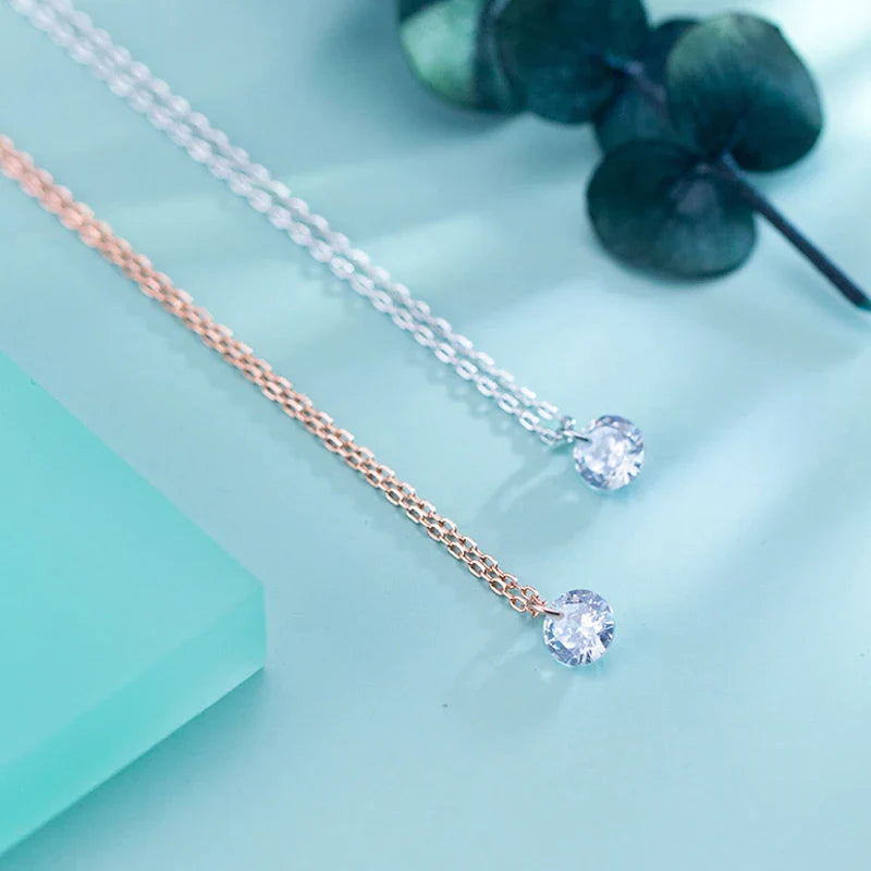 2021 New Fashion Tiny 100% 925 Sterling Silver Round Clear Zircon Chain Necklaces Pendant For Women Wedding Jewelry Gift