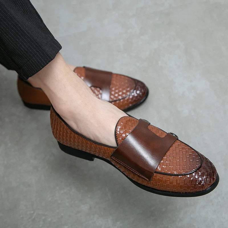 British Style Weave Pattern Microfiber Leather Monk Shoes Mens Buckle Party Wedding Loafers Moccasins Men Driving Flats