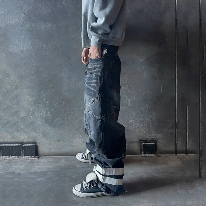 Spring new American retro high street ins trendy jeans straight leg loose dark printed casual pants long pants