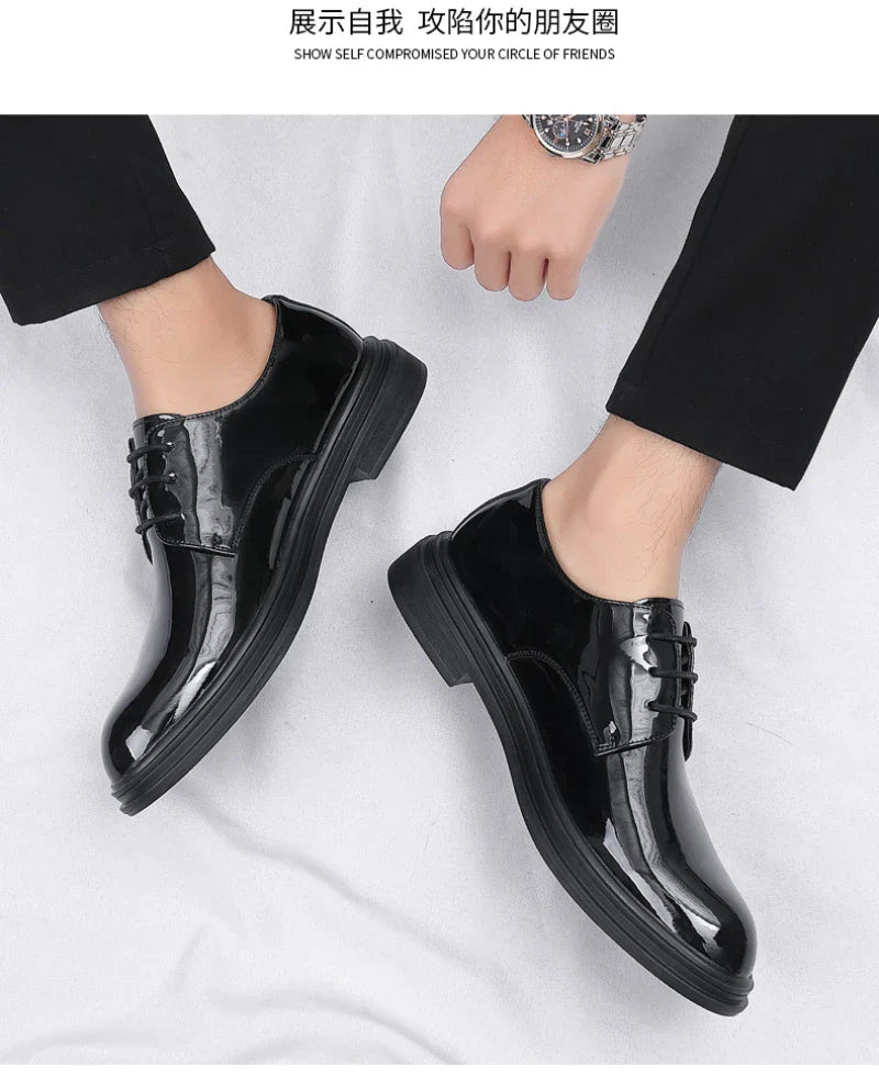 Mens Black Patent Leather Lace Up Dress Shoes With Thick Sole Platform Block Heel Formal Business Wedding Party Office Work Shoe