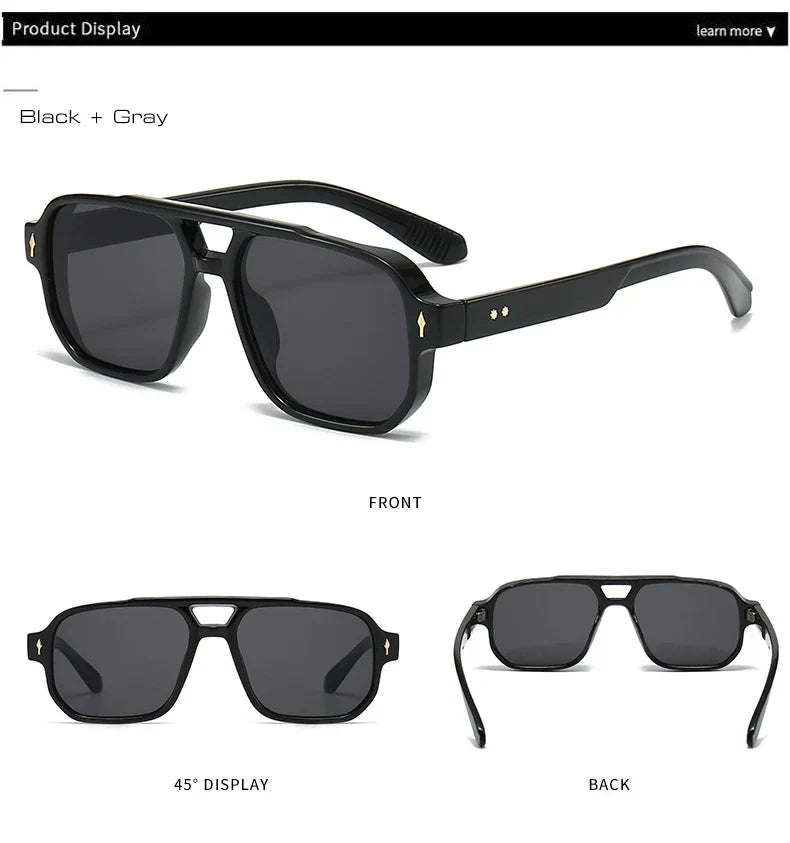 Vintage Double Bridges Men Square Sunglasses Fashion Clear Ocean Lens Eyewear Women Trending Rivets Sun Glasses UV400