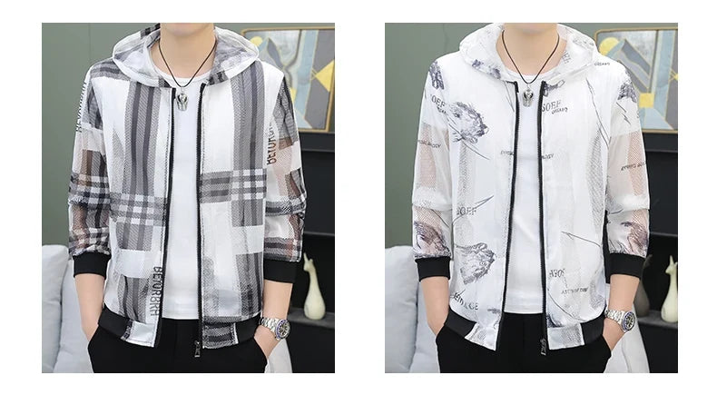 Men's Summer Mesh Sun Protection Clothing Trendy Stripe Print Ice Silk Cool Feeling Breathable Quick Dry Hooded Jacket