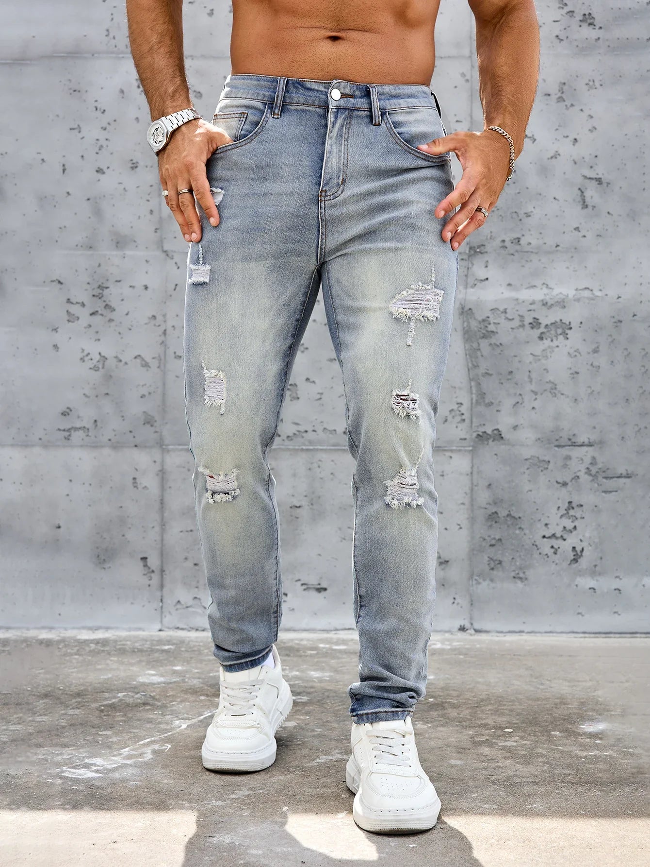 Men's Casual Slim Fit Stretch Jeans-Ripped Blue Denim Trousers Spring and Summer Pants Elastane Fabric