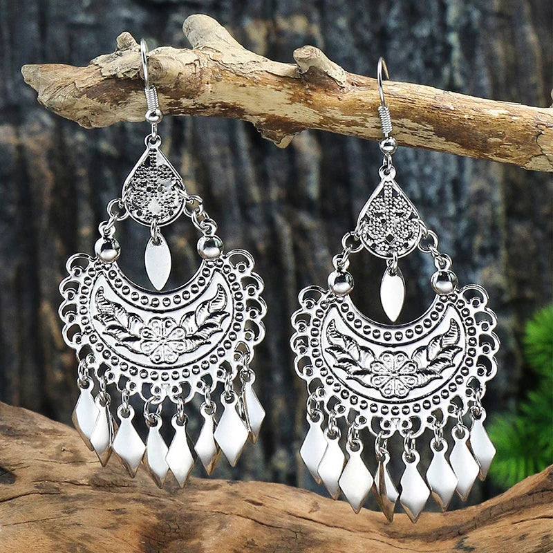 Vintage Bohemian Long Earrings For Women Big Statement Carved Geometric Tassel Boho Tibetan Silver Bronze Color Jewelry Earrings