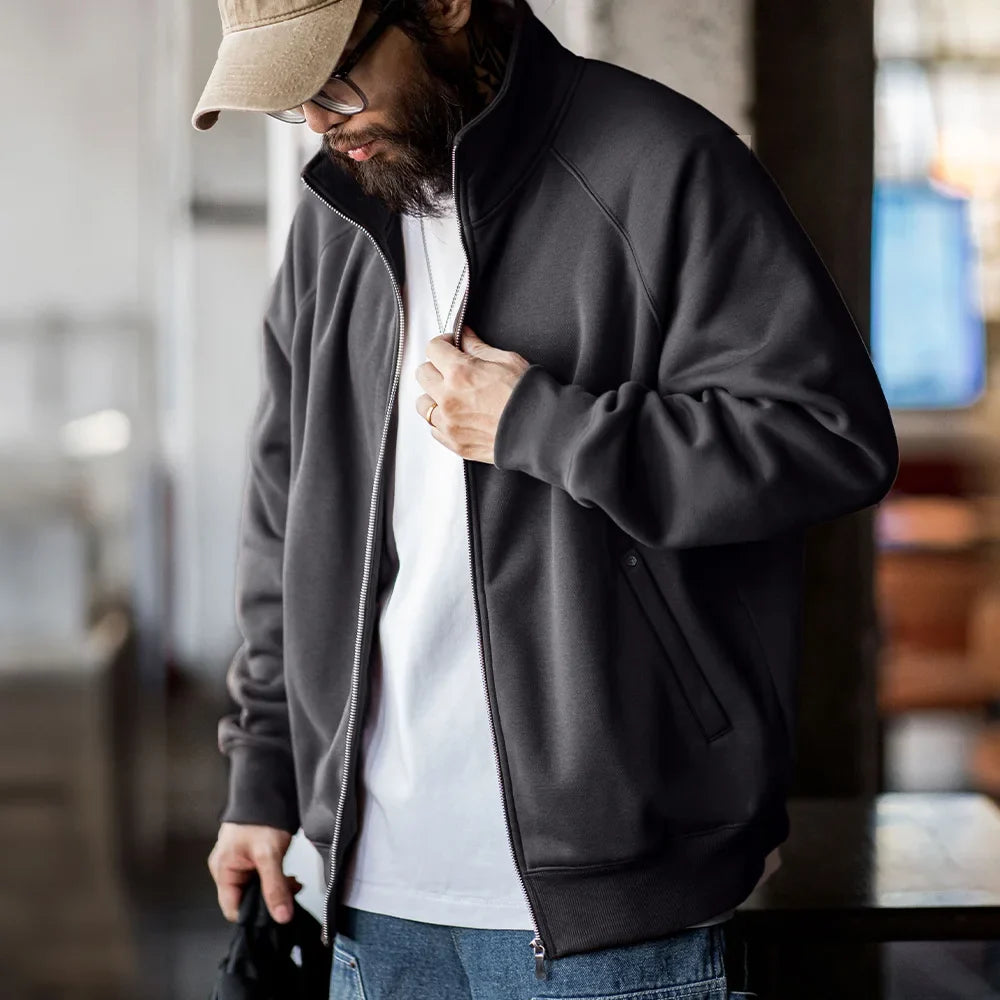 Casual Polar Fleece Cardigan Sweatshirt Stand-up Collar Sports Zipper Jacket Warm Versatile Coat for Men's Fall and Winter