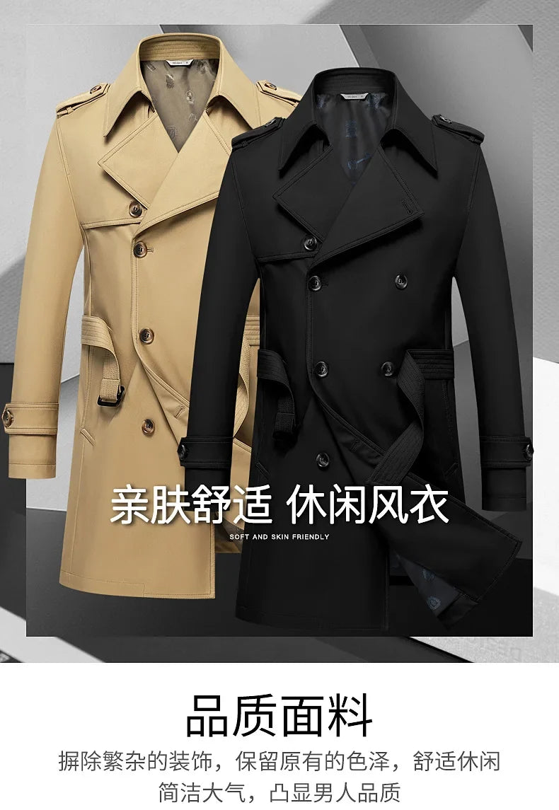2024 Autumn New Men's Medium to Long Fashion Windbreaker Coat High Quality Double breasted British style Coat Series Belt Coat