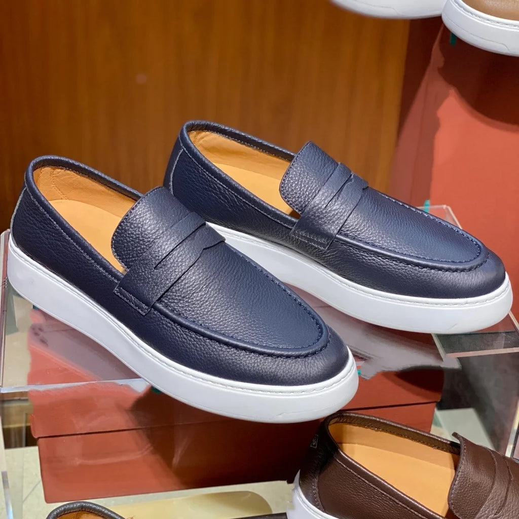 2026 New Men Genuine Grain Leather Penny Loafers Slip On Platform Non Slip Soft Sole Business Casual Driving Daily Walking Shoes