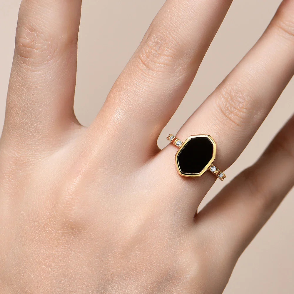 Hexagon Black Onyx Rings for Women Men Moissanite Side Edge S925 Silver 18K White Gold Plated Party Daily Jewelry Gifts