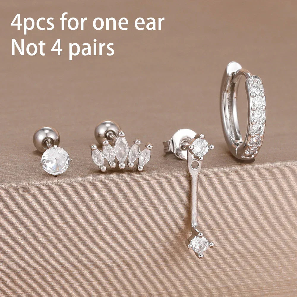 4PCS Stainless Steel Circle Huggie Hoop Earrings Set for Women Gold Color Unique Zircon Flower Stud Earring Piercing Jewelry