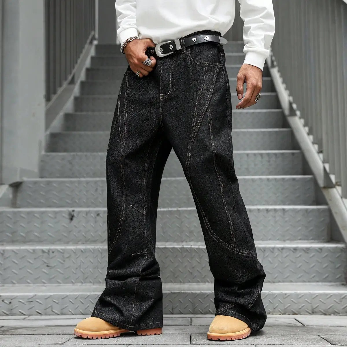 Men's Fashion Trend Casual Patchwork Distressed Flared Black Jeans, loose, comfortable, and breathable style.