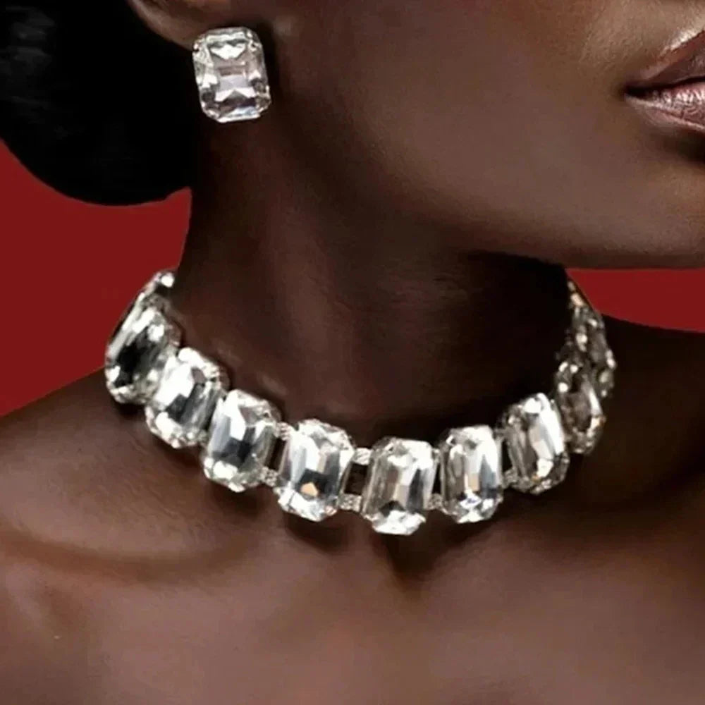 Bride Crystal Necklace Earrings Set Bridesmaid Wedding Jewellry Two Pieces Choker Necklace Prom Costume Jewelry Sets