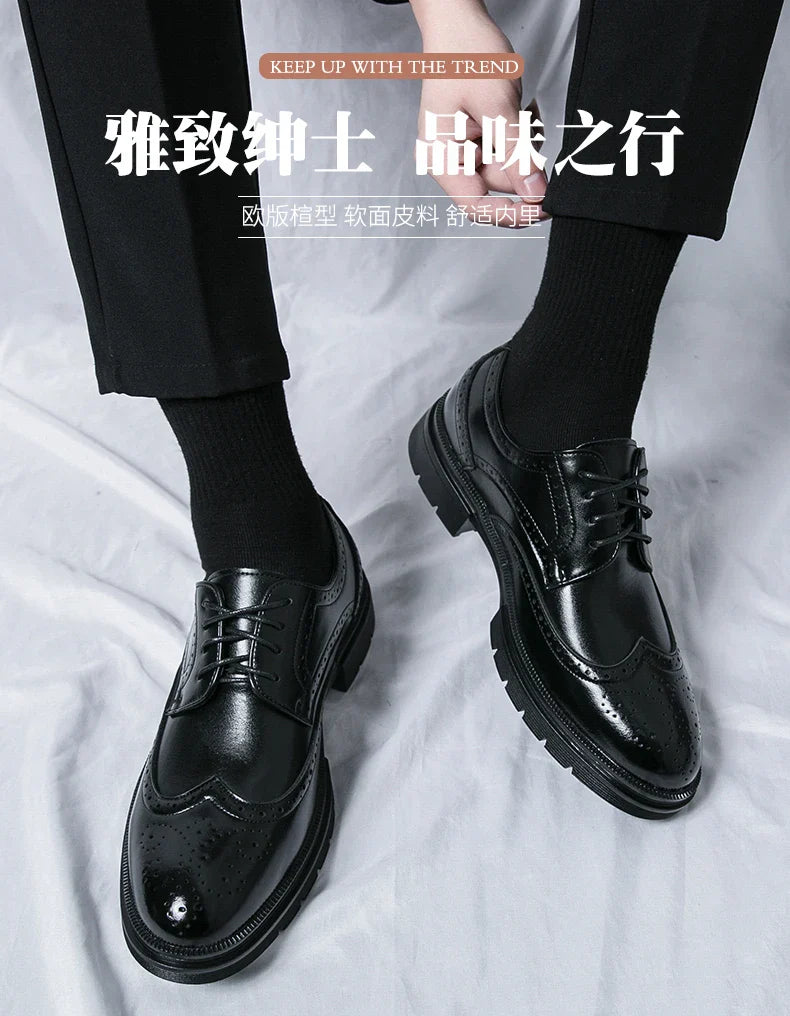 Men's Leather Brogue Oxford Dress Shoes Formal Business Handmade Classic 2026 Brown Black Chaussure Homme