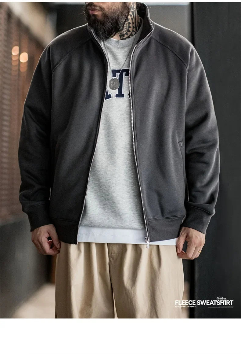 Casual Polar Fleece Cardigan Sweatshirt Stand-up Collar Sports Zipper Jacket Warm Versatile Coat for Men's Fall and Winter