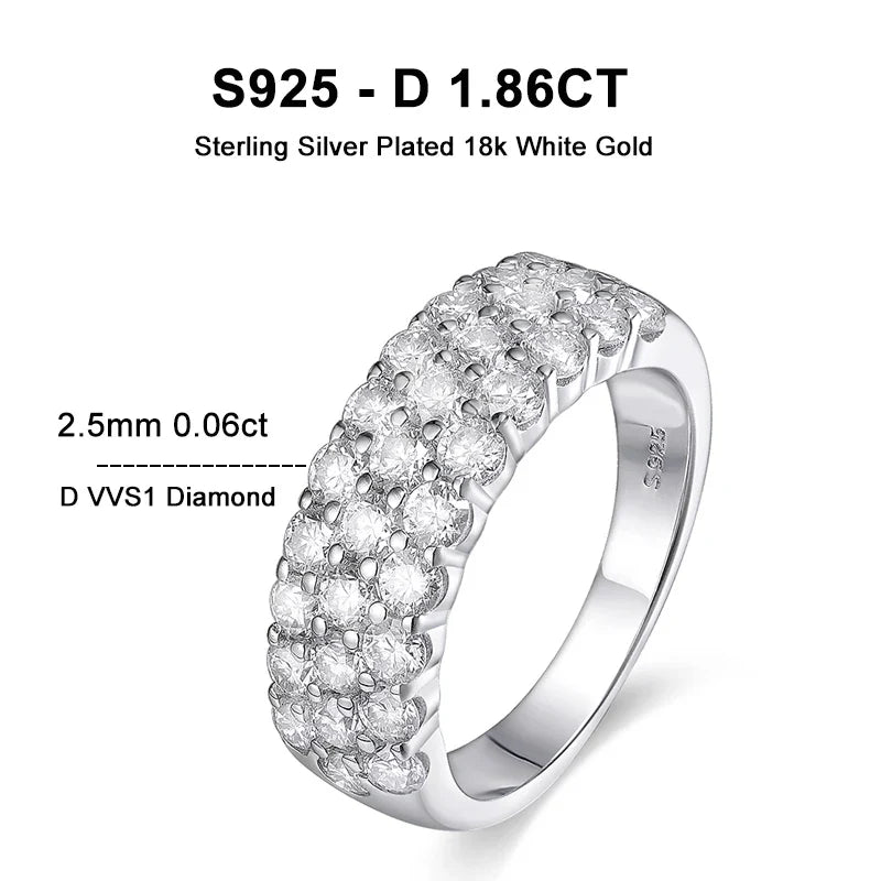 D VVS1 Moissanite Rings for Women Solid 925 Sterling Silver Plated 18k White Gold 3-Row Half Eternity Anniversary Band