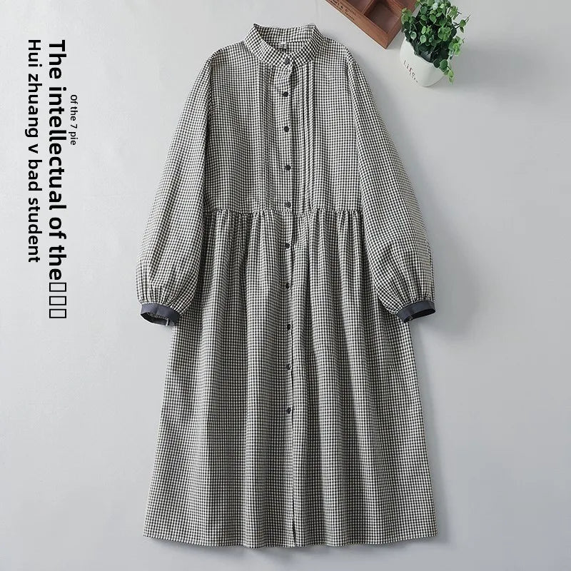 Sweet Japanese Sle Cotton Linen Plaid Long Sve Dr Women Spring Autumn Slimming Doll Dr Cardigan Stand Collar Long ...
